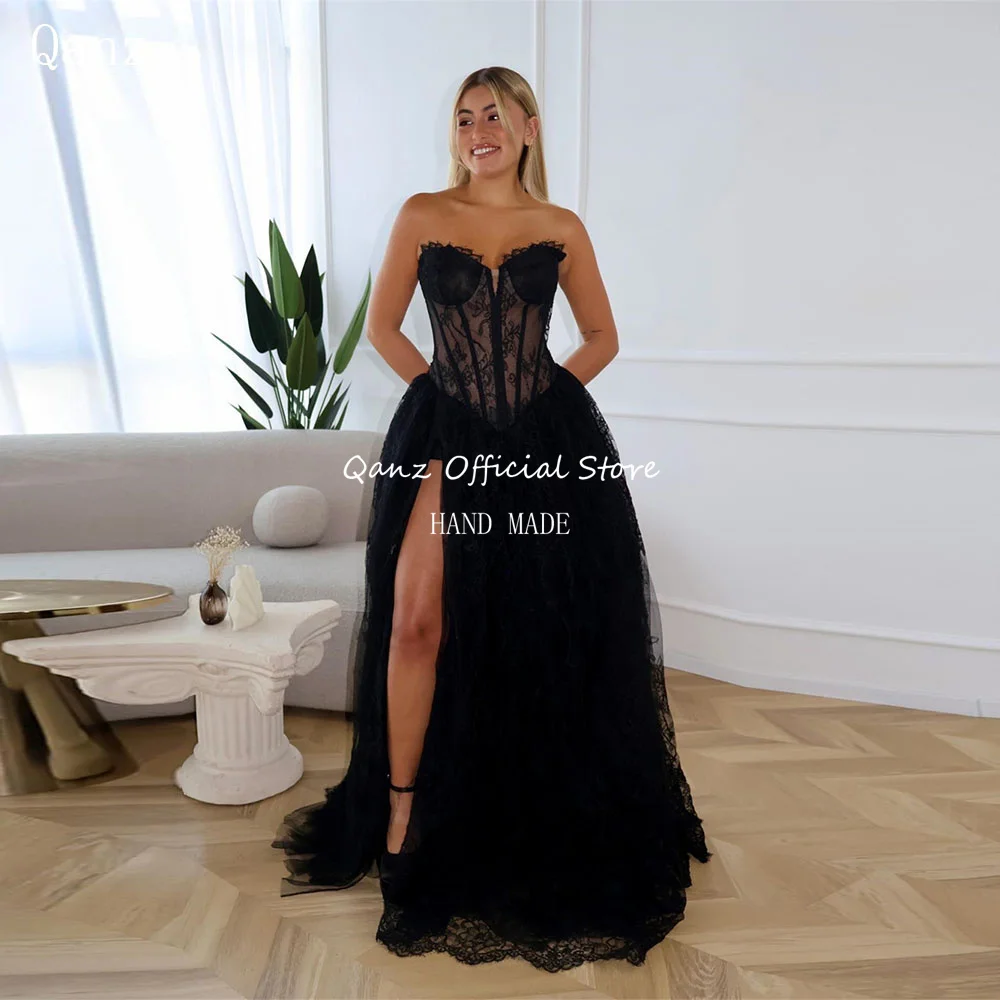 Qanz Luxury Lace Appliques Prom Dress High Slit Black Evening Dresses Women High Slit Long A Line Vestidos De Festa Customized
Qanz Luxury Lace Appliques Prom Dress High Slit Black Evening Dresses Women High Slit Long A Line Vestidos De Festa Customized