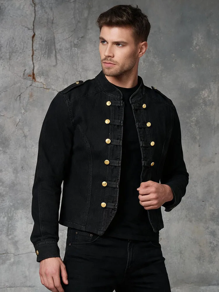 European and American retro street military style denim jacket men's black gold button decoration long sleeved top jacket
European and American retro street military style denim jacket men's black gold button decoration long sleeved top jacket