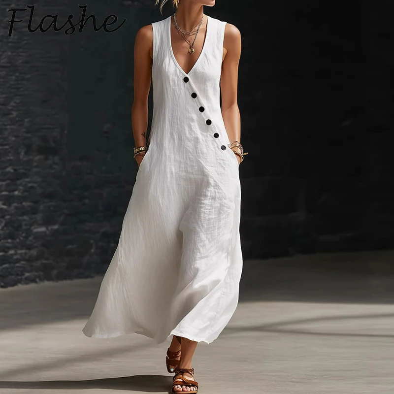 Elegant Women Sleeveless Maxi Dresses For Women Summer Casual V Neck Beach Holiday Dress Women Fashion Loose Button Long Dress
Elegant Women Sleeveless Maxi Dresses For Women Summer Casual V Neck Beach Holiday Dress Women Fashion Loose Button Long Dress