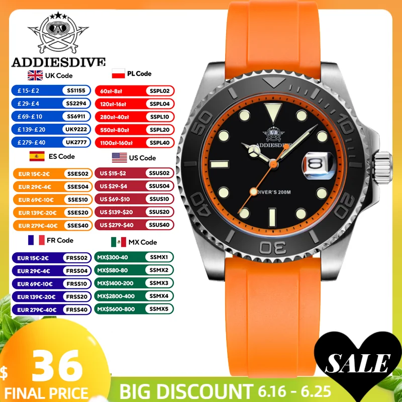 ADDIESDIVE 8 Colors Diver Watch For Men 41mm Quartz Watch Stainless Steel Bezel Super BGW9 Luminous 200m Diving Men's Watch New
ADDIESDIVE 8 Colors Diver Watch For Men 41mm Quartz Watch Stainless Steel Bezel Super BGW9 Luminous 200m Diving Men's Watch New