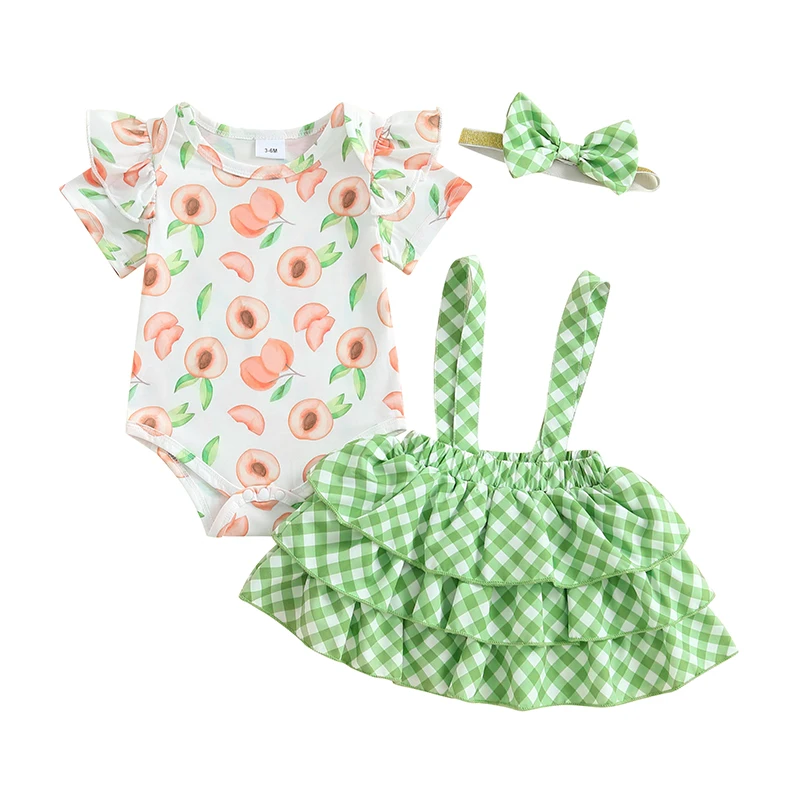 Baby Girls Summer Outfits Short Sleeves Peach/Carrot Print Romper with Plaid Suspender Skirt and Bow Headband
Baby Girls Summer Outfits Short Sleeves Peach/Carrot Print Romper with Plaid Suspender Skirt and Bow Headband
