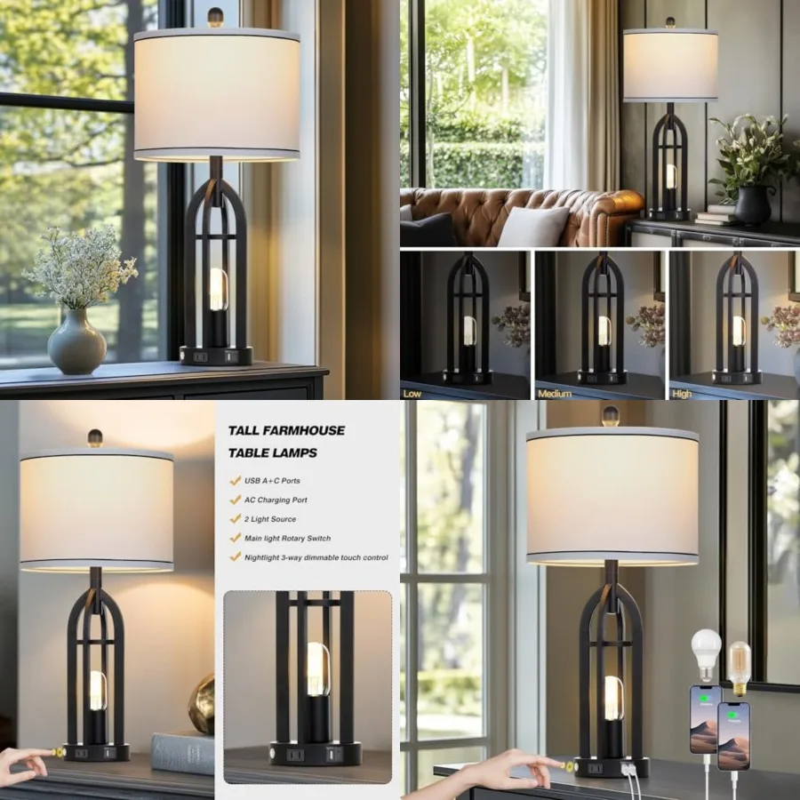27" Tall Vintage Table Lamp with USB C+A and Outlet, Black Industrial End Table Lamp for Living Room, Farmhouse Rustic Bedside
27" Tall Vintage Table Lamp with USB C+A and Outlet, Black Industrial End Table Lamp for Living Room, Farmhouse Rustic Bedside