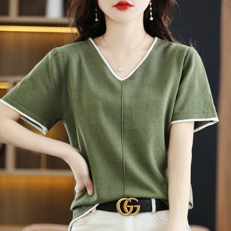 100% pure cotton T-shirt women's casual splicing pullover short sleeved loose V-neck knitted Tees summer Jumper basic Tops
100% pure cotton T-shirt women's casual splicing pullover short sleeved loose V-neck knitted Tees summer Jumper basic Tops
