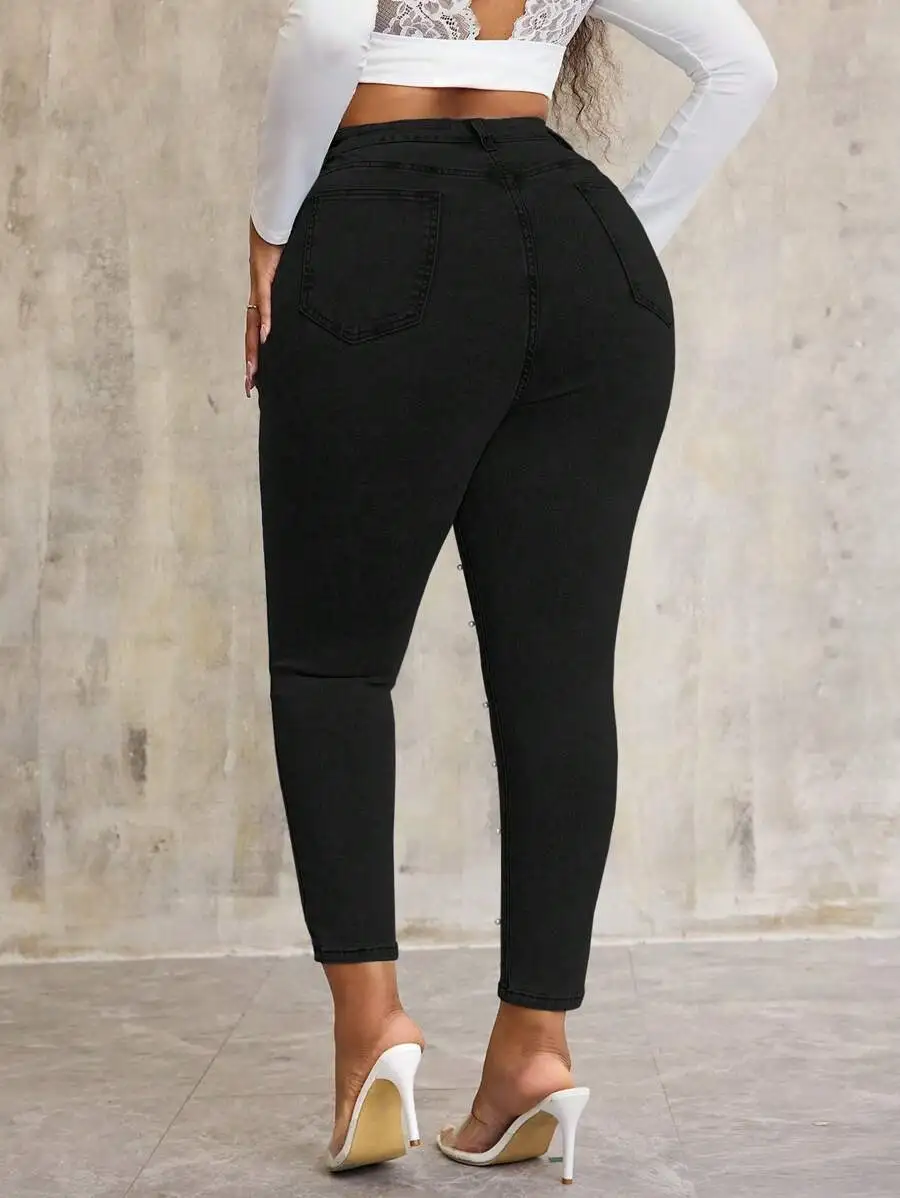 Plus Size Stretch Denim Skinny Pants With Pearl Decoration
Plus Size Stretch Denim Skinny Pants With Pearl Decoration