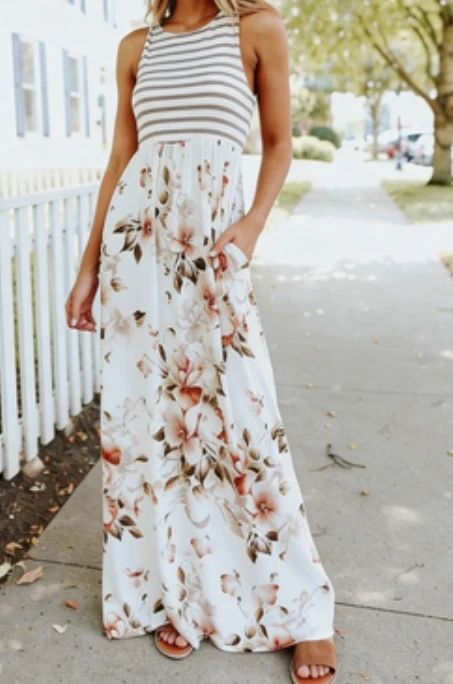 Women's Striped Panel Printed Halter Tie-Waist Maxi Dress Flowy Silhouette Pocket Detail Stylish Dress
Women's Striped Panel Printed Halter Tie-Waist Maxi Dress Flowy Silhouette Pocket Detail Stylish Dress