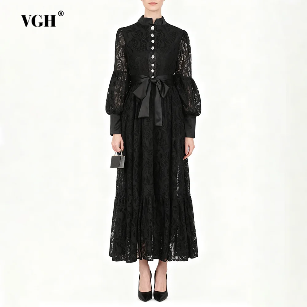 VGH Solid Lace Up Slimming Elegant Lace Dresses For Women Stand Collar Long Sleeve High Waist Design Sense Dress Female Fashion
VGH Solid Lace Up Slimming Elegant Lace Dresses For Women Stand Collar Long Sleeve High Waist Design Sense Dress Female Fashion