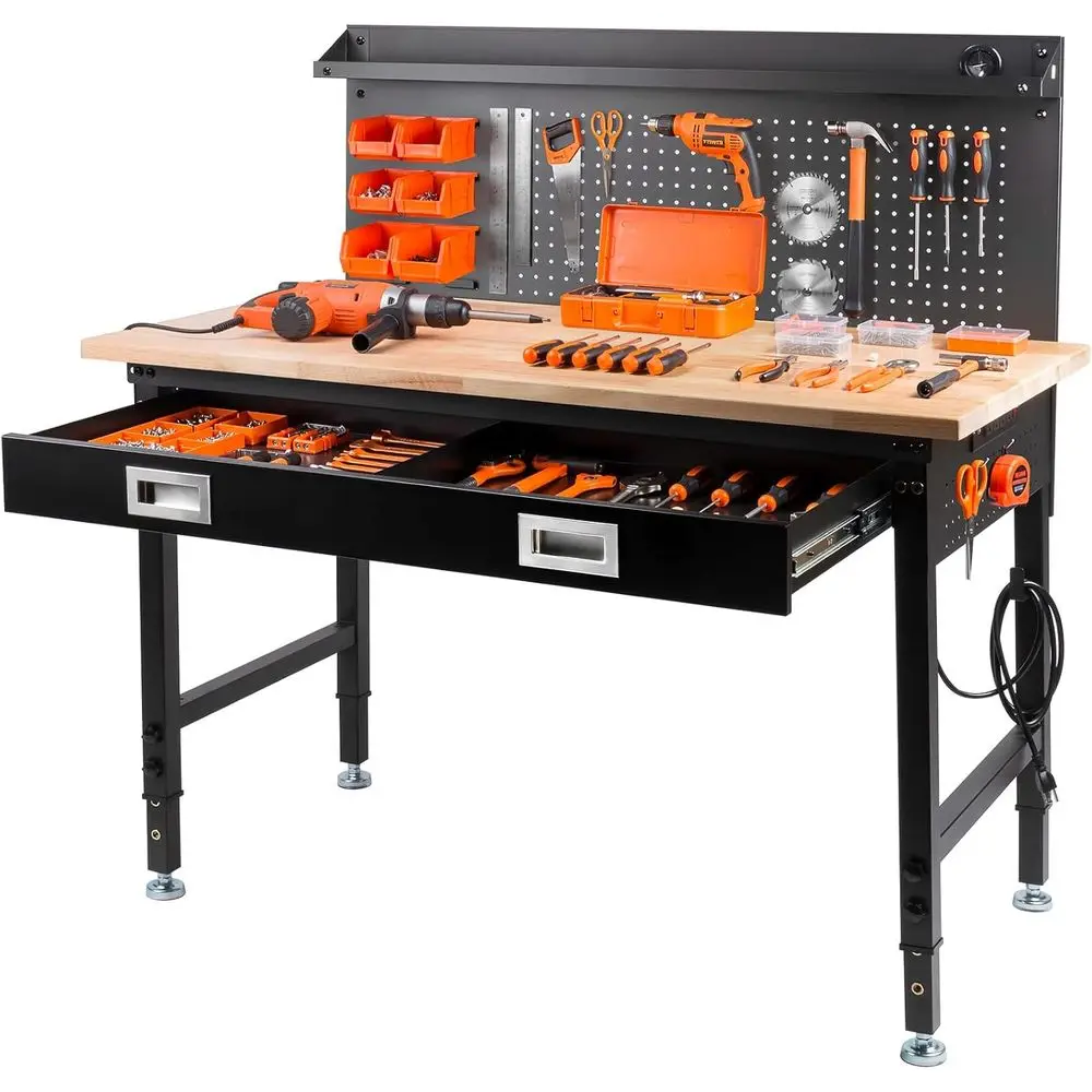 48 Heavy-Duty Adjustable Workbench with Pegboard, Strip Light, and Power Outlet
48 Heavy-Duty Adjustable Workbench with Pegboard, Strip Light, and Power Outlet