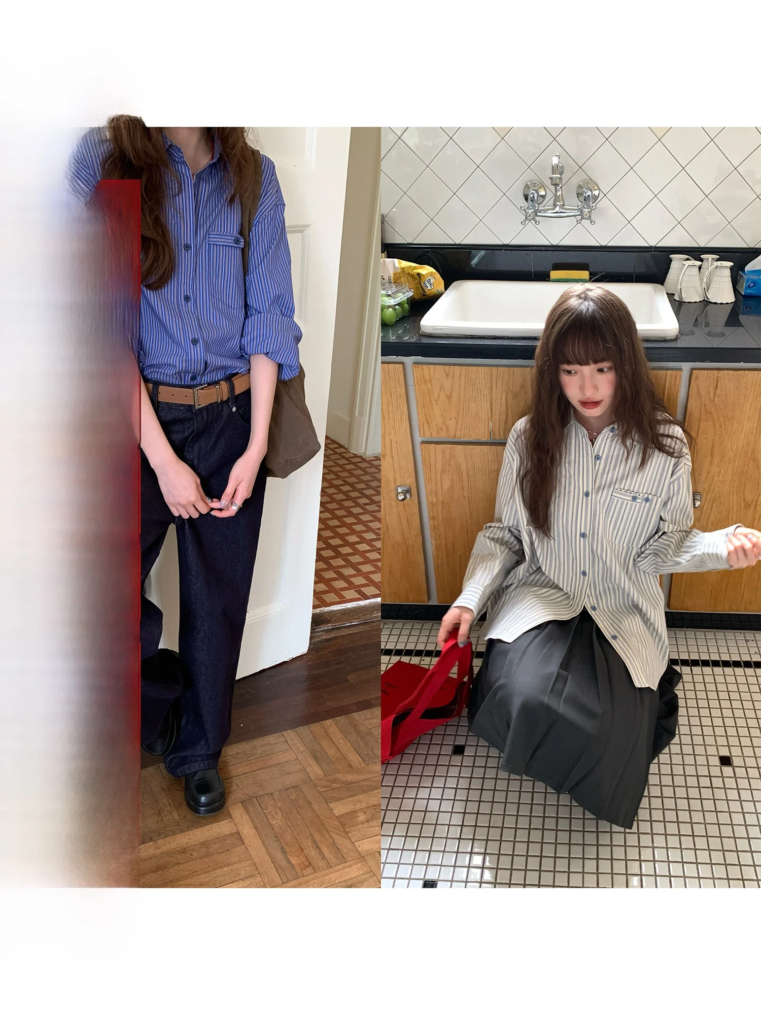 Loose Women's Long Sve irt RAINY Korean Sle Casual Loose oulder Patch ket Blue Striped Spring Autumn Versatile Top
Loose Women's Long Sve irt RAINY Korean Sle Casual Loose oulder Patch ket Blue Striped Spring Autumn Versatile Top