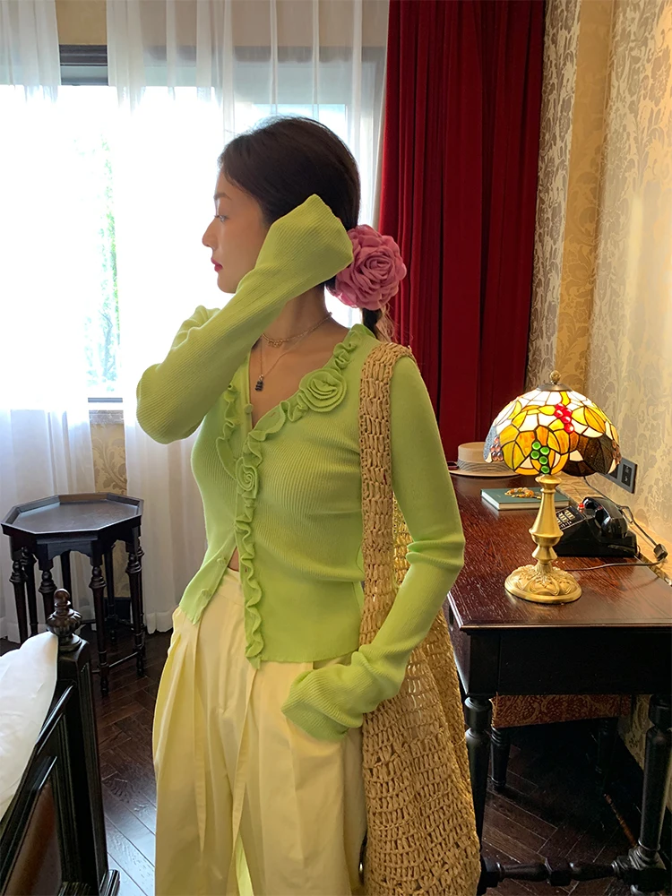 Ice Silk Knitted Cardigan Women's Open Front Long Sleeve Outerwear Fluorescent Green Small Size Top Korean Style Slim Fit
Ice Silk Knitted Cardigan Women's Open Front Long Sleeve Outerwear Fluorescent Green Small Size Top Korean Style Slim Fit