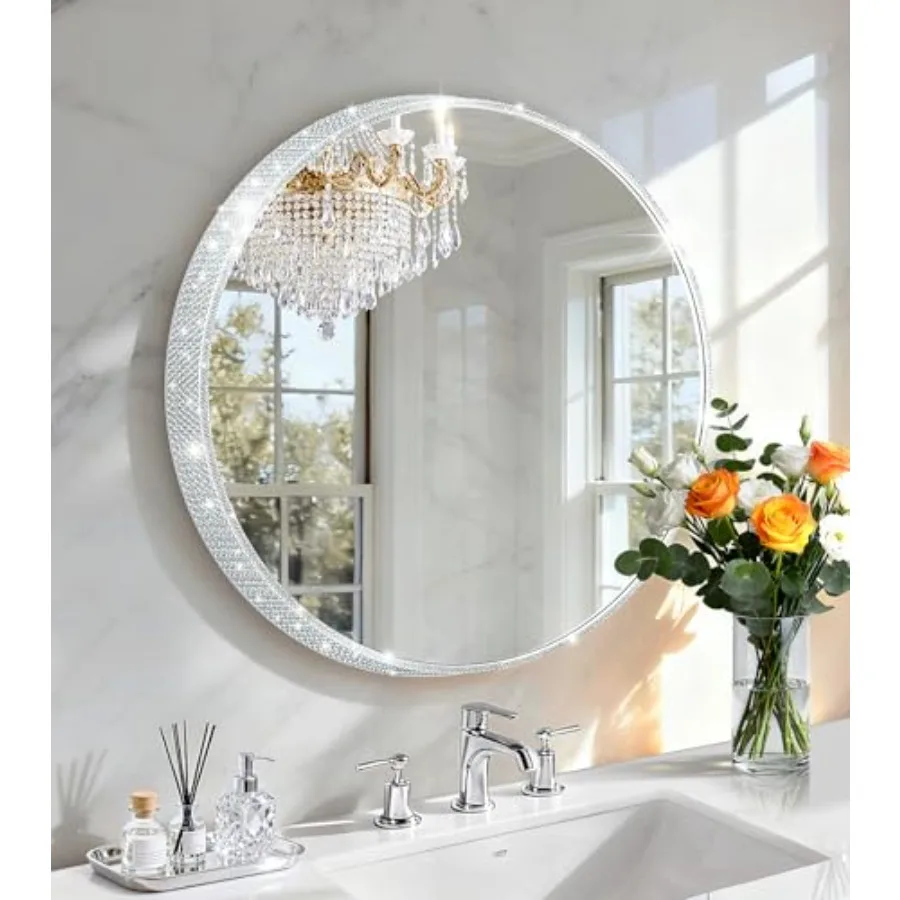 Crystal Diamond Wall Mounted Mirror Silver Makeup Mirror 19.5inch Round Bing Mirror for Bedroom Real Glass Mirror for Wall Deco
Crystal Diamond Wall Mounted Mirror Silver Makeup Mirror 19.5inch Round Bing Mirror for Bedroom Real Glass Mirror for Wall Deco