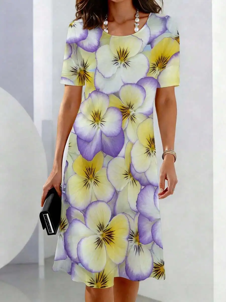 Womens Casual Purple Yellow Pansy Print Short Sleeve Crew Neck Dress For Leisure
Womens Casual Purple Yellow Pansy Print Short Sleeve Crew Neck Dress For Leisure