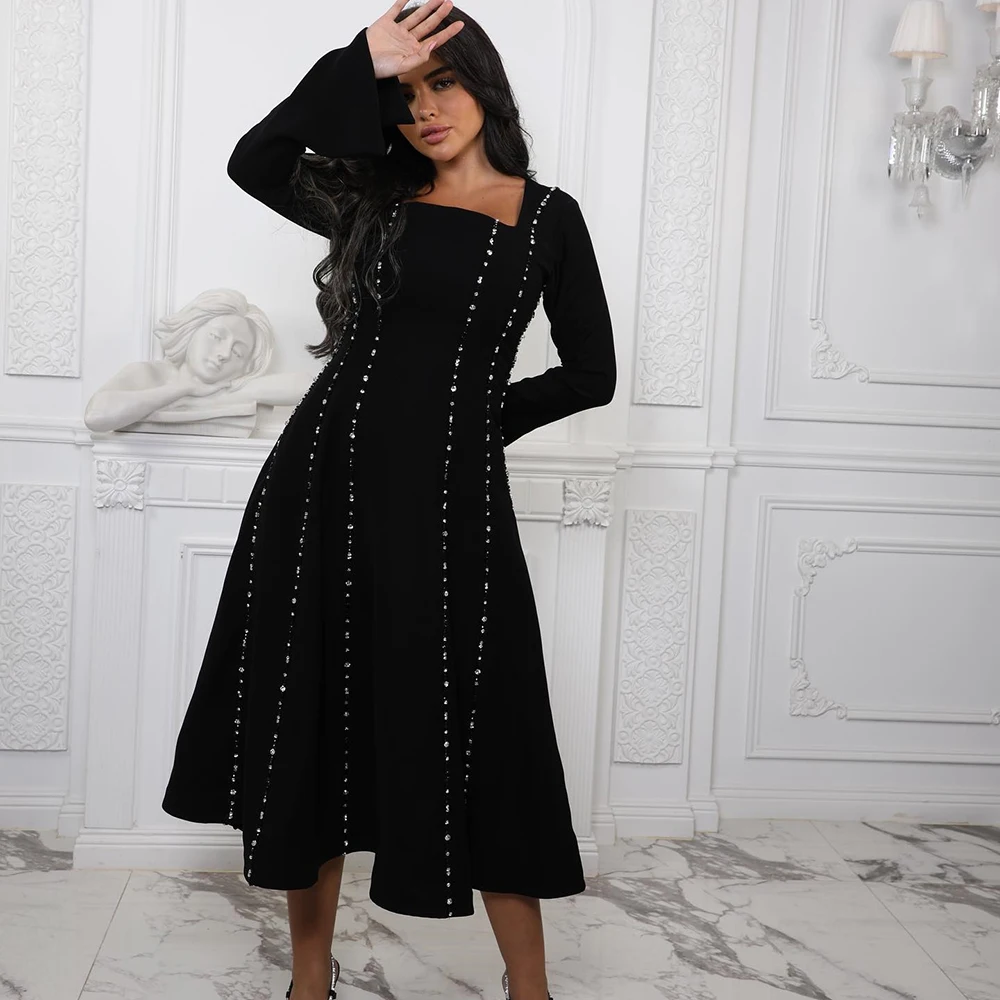 Customized Square Collar A-line Jersey Formal Evening Dress Full Sleeves With Crystal Party Dress Draped Tea-Length Prom Gown
Customized Square Collar A-line Jersey Formal Evening Dress Full Sleeves With Crystal Party Dress Draped Tea-Length Prom Gown