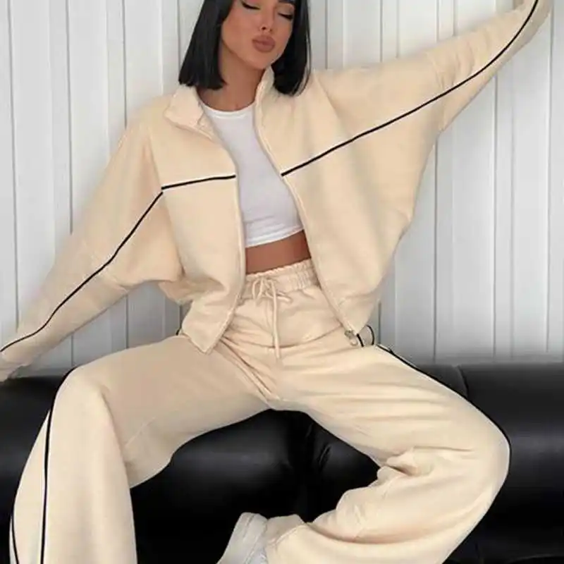 Casual Striped Long Sleeve Half High Collar Cardigan with Belt Long Pants Women's Autumn Fashion Cotton Polyester Set
Casual Striped Long Sleeve Half High Collar Cardigan with Belt Long Pants Women's Autumn Fashion Cotton Polyester Set
