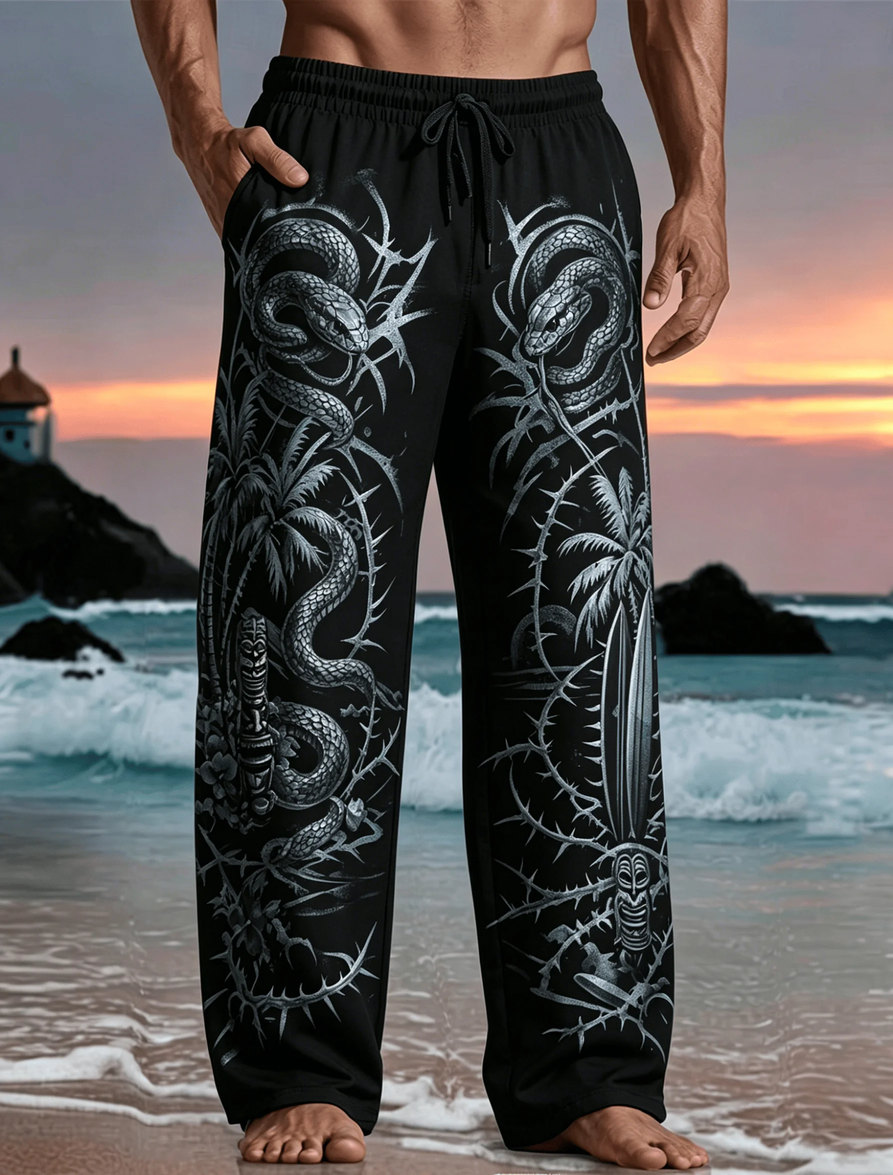 Men's Black Serpent & Thorn Print Drawstring Pants, Mysterious Tropical Style Casual Trousers for Spring Summer
Men's Black Serpent & Thorn Print Drawstring Pants, Mysterious Tropical Style Casual Trousers for Spring Summer