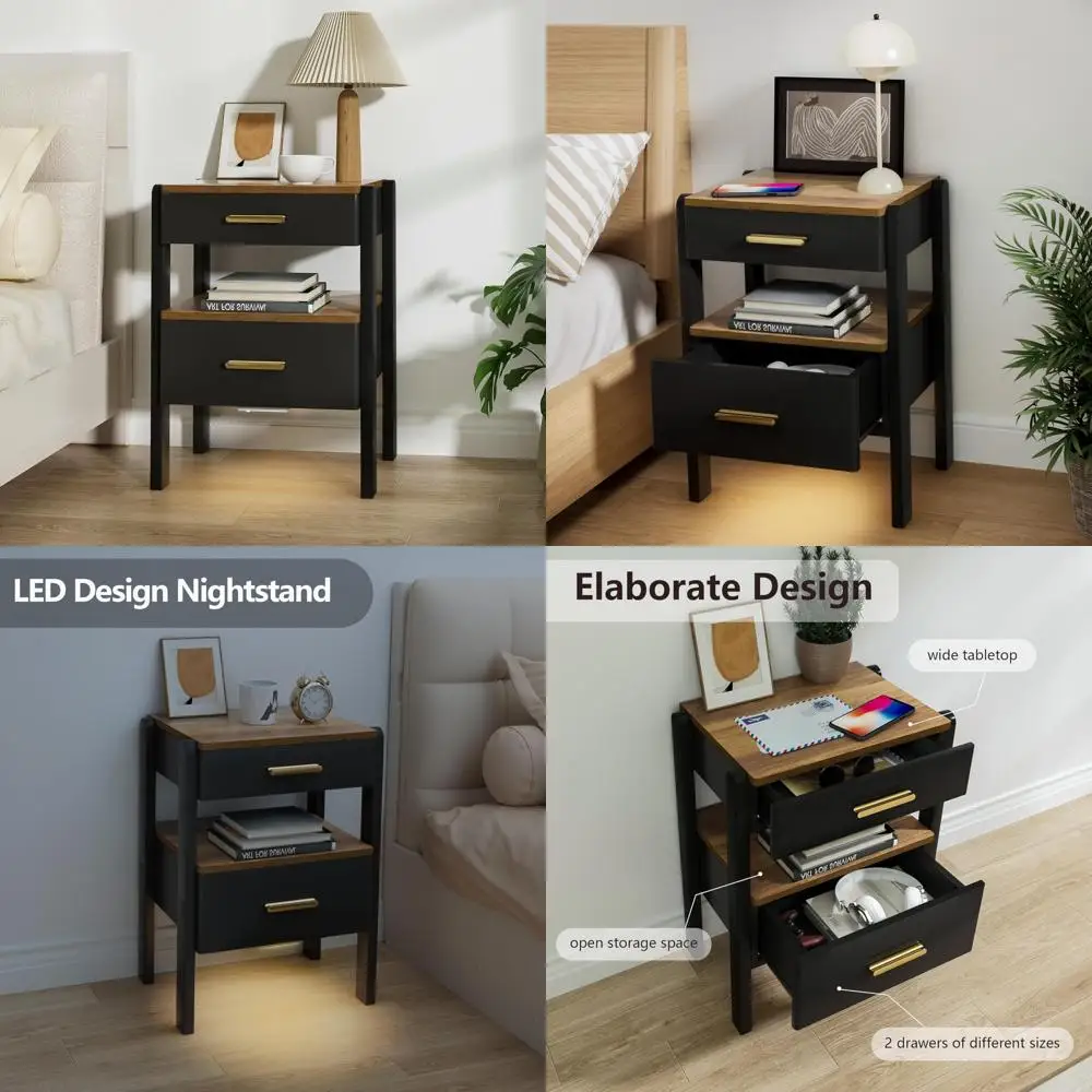 Деревянная тумбочка с двумя ящиками и открытой полкой, золотыми ручками, местом для хранения и светильником для спальни, варианты черного и коричневого цвета
Деревянная тумбочка с двумя ящиками и открытой полкой, золотыми ручками, местом для хранения и светильником для спальни, варианты черного и коричневого цвета