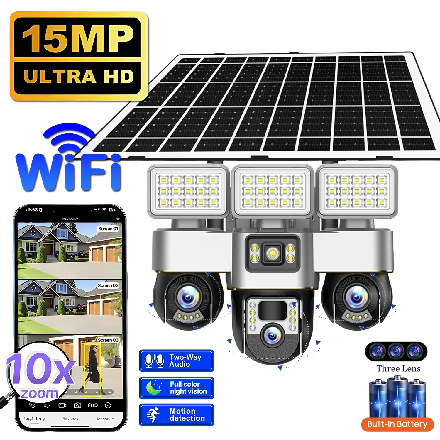 V380 WiFi Security Cameras 3 PTZs Lens 360 PTZ Rotation Solar Camera 15MP PIR Human Detection Night Vsion Outdoor Surveillance
V380 WiFi Security Cameras 3 PTZs Lens 360 PTZ Rotation Solar Camera 15MP PIR Human Detection Night Vsion Outdoor Surveillance