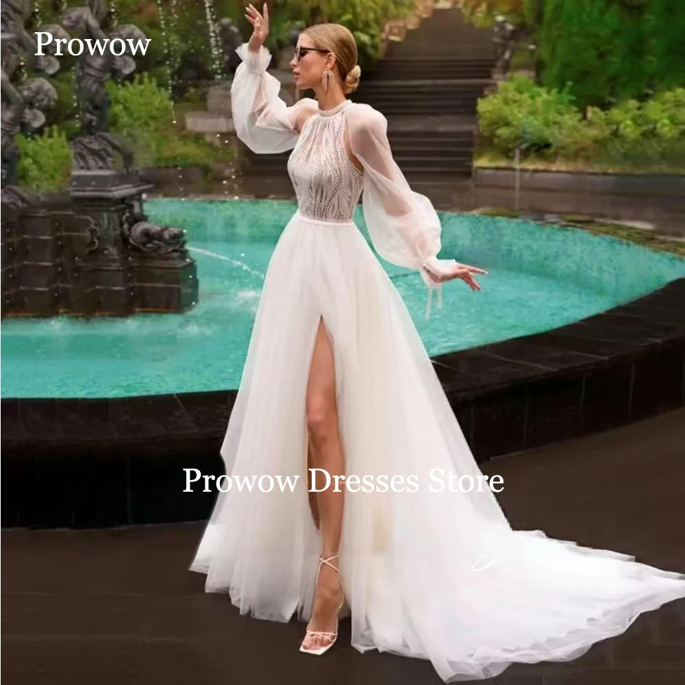 Prowow Modern Beaded A Line Wedding Dresses Floor Length Side High Slit Bride Gowns Button Detachable Slee Soft Tulle Customized
Prowow Modern Beaded A Line Wedding Dresses Floor Length Side High Slit Bride Gowns Button Detachable Slee Soft Tulle Customized