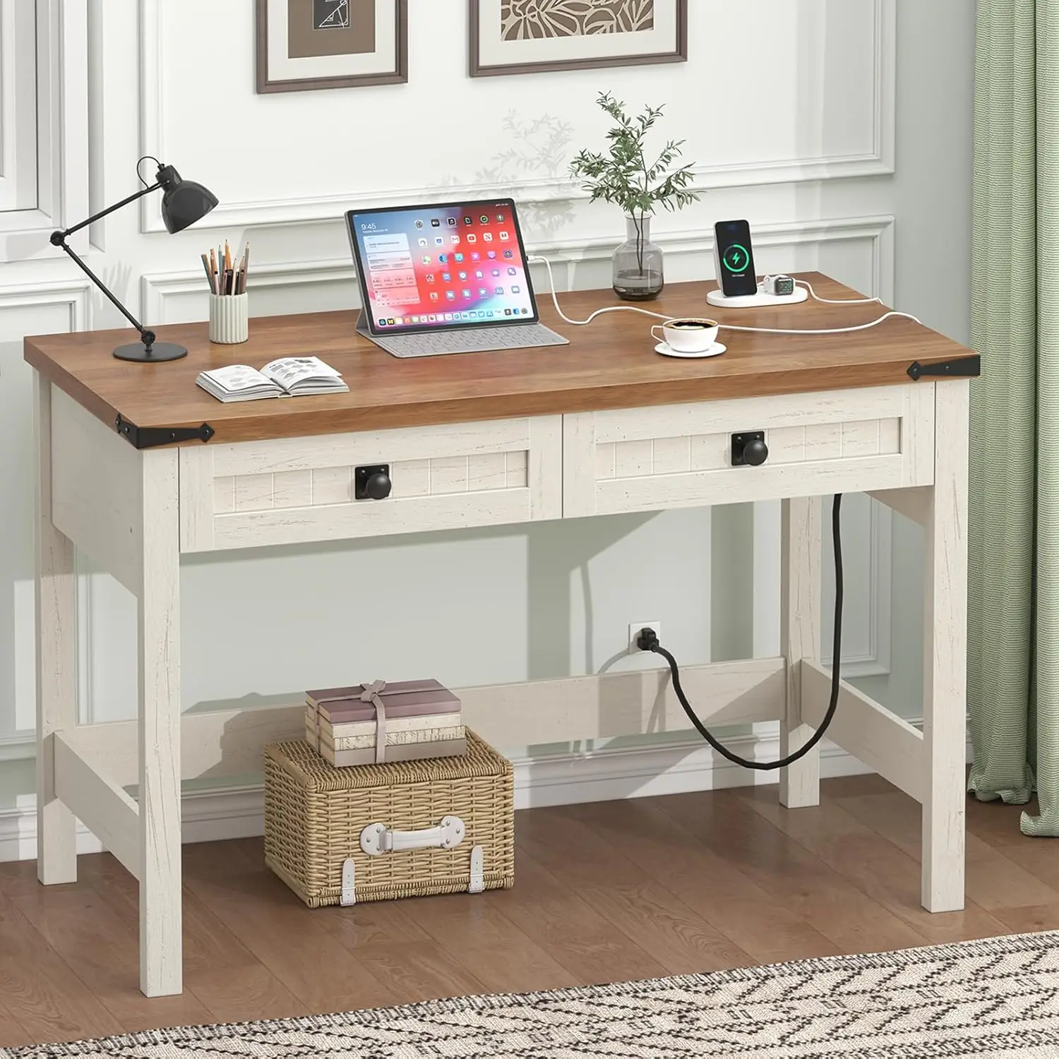 39in Farmhouse Computer Desk with 2 Drawers & Power Outlets, Small Writing Table for Home Office, White, Customized
39in Farmhouse Computer Desk with 2 Drawers & Power Outlets, Small Writing Table for Home Office, White, Customized
