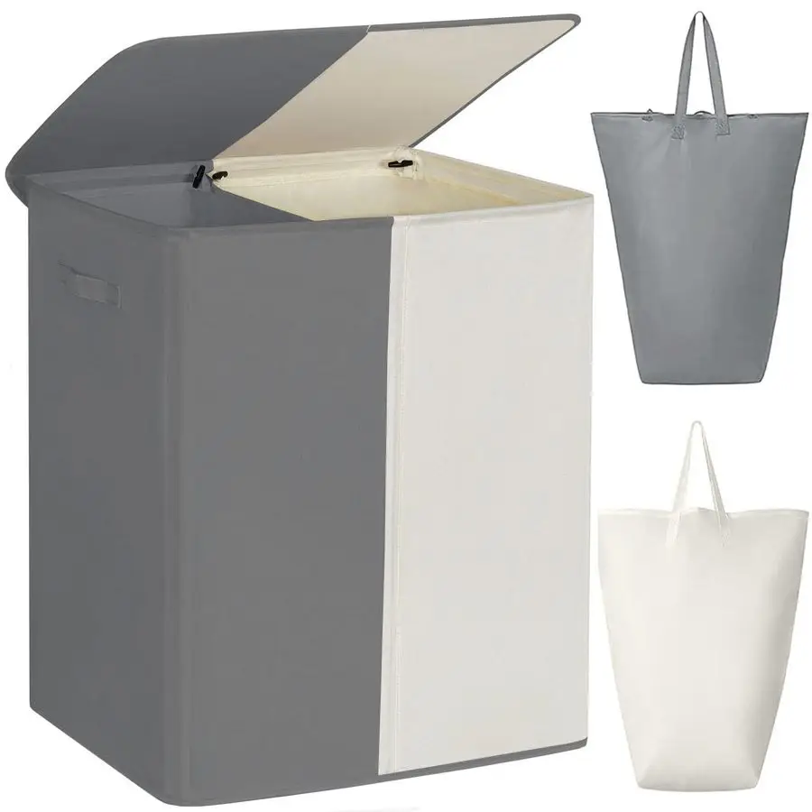 Двойная корзина для белья с крышкой и съемными мешками, большая корзина для грязного белья объемом 154 л, 2 секции, складная.
Двойная корзина для белья с крышкой и съемными мешками, большая корзина для грязного белья объемом 154 л, 2 секции, складная.