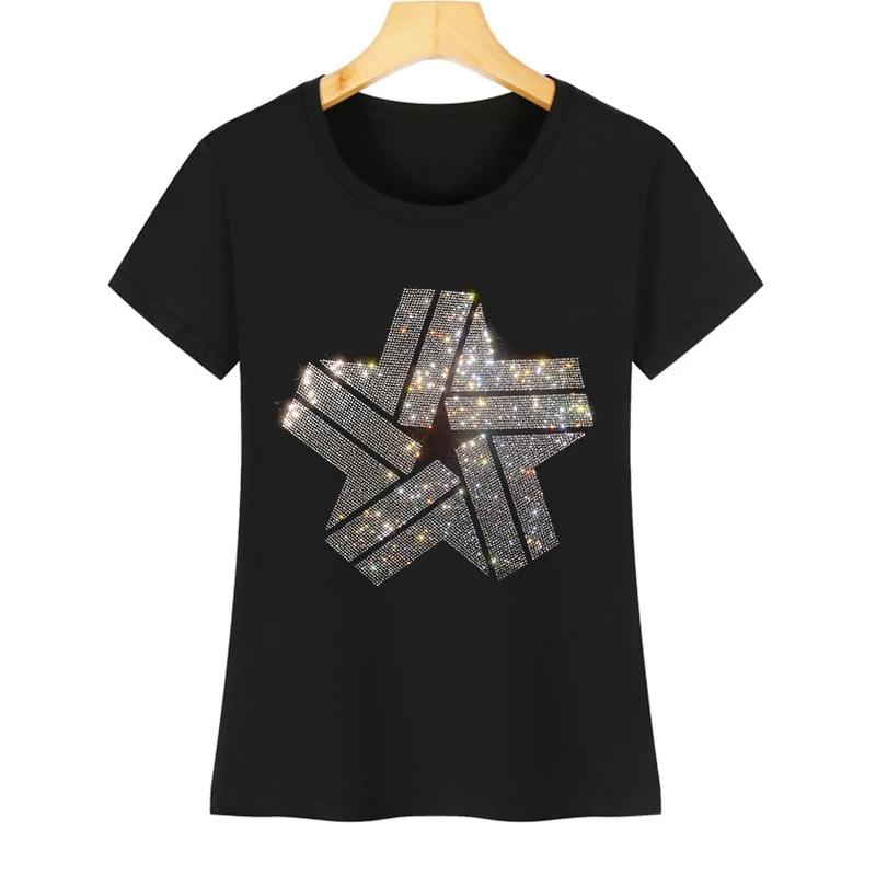 Fashionable women's summer short-sleeved casual T-shirt with sparkling rhinestone star design
Fashionable women's summer short-sleeved casual T-shirt with sparkling rhinestone star design