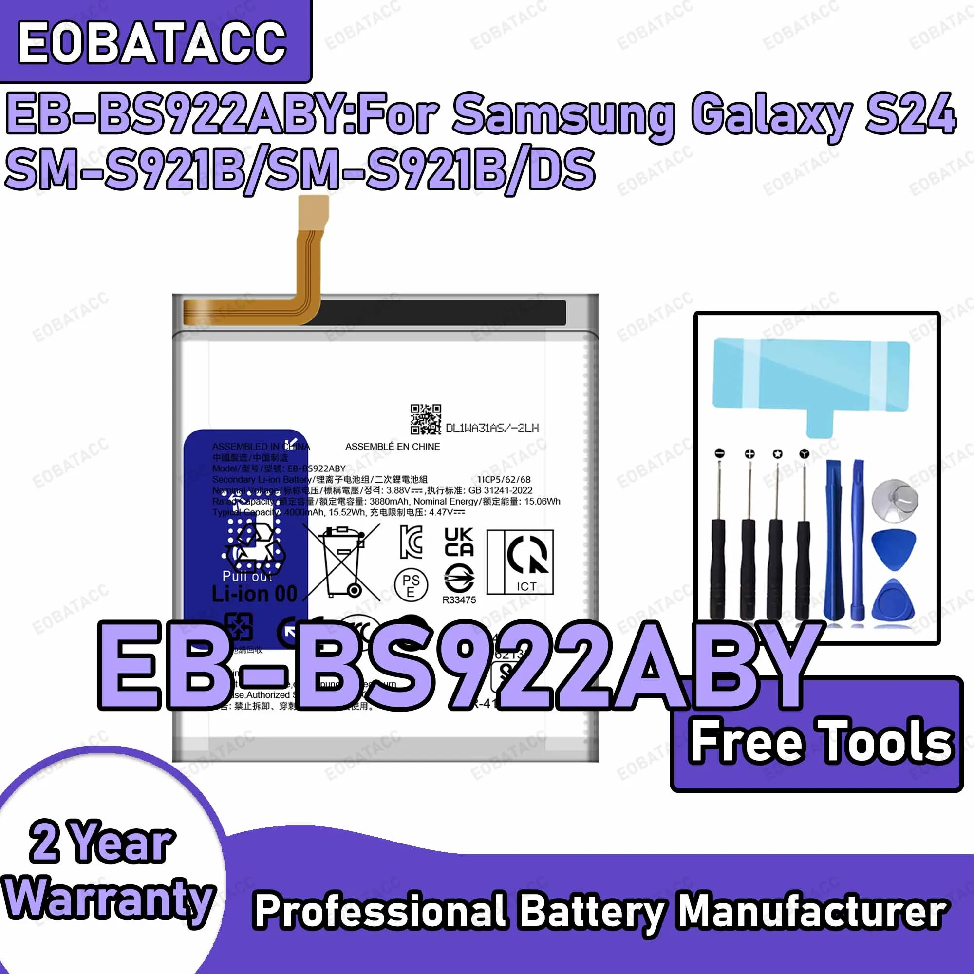 4000mAh EB-BS922ABY Replacement Battery for Samsung Galaxy S24/SM-S921B with Repair Tools Kit
4000mAh EB-BS922ABY Replacement Battery for Samsung Galaxy S24/SM-S921B with Repair Tools Kit