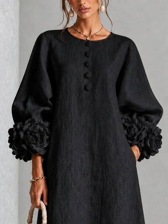 Elegant Women Linen Midi Dress O Neck 3D Floral Lantern Sleeve Button Loose Straight Long Dress Modest Casual Party Dresses 68 S37ff08b7c78645dd8241bd9185142a17i