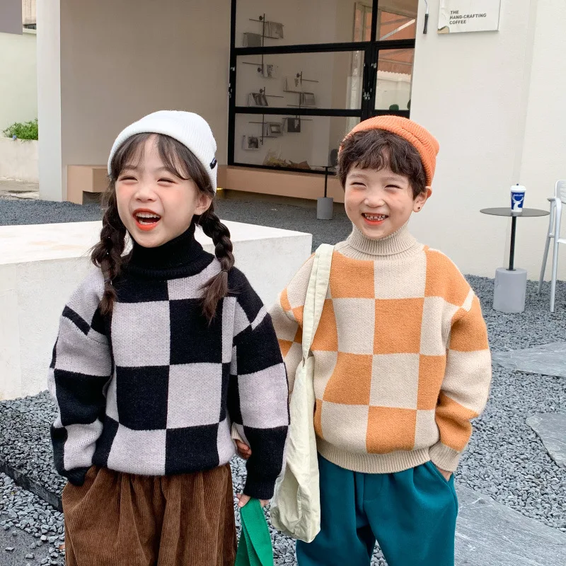 Kids warm high collar knitted plaid sweaters Children loose casual all-match pullovers
Kids warm high collar knitted plaid sweaters Children loose casual all-match pullovers