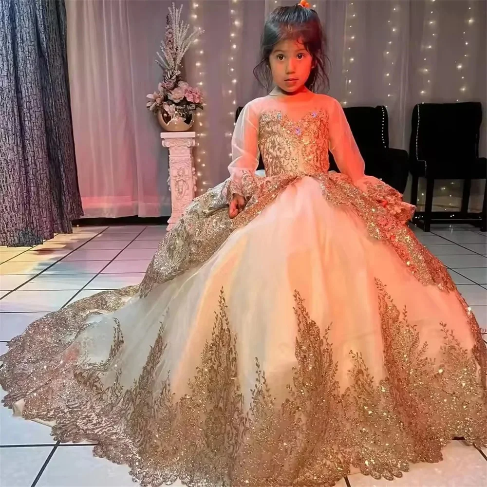Customized Champagne Flower Girl Dresses For Wedding Full Sleeves Gold Appliques Shiny Sequins First Communion Birthday Gown
Customized Champagne Flower Girl Dresses For Wedding Full Sleeves Gold Appliques Shiny Sequins First Communion Birthday Gown
