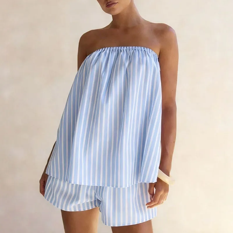 Sexy Strapless Hollowed Out Top + Shorts Two Piece Set Summer Striped Printed Backless Suit Casual Loose Vacation Woman Outfits
Sexy Strapless Hollowed Out Top + Shorts Two Piece Set Summer Striped Printed Backless Suit Casual Loose Vacation Woman Outfits