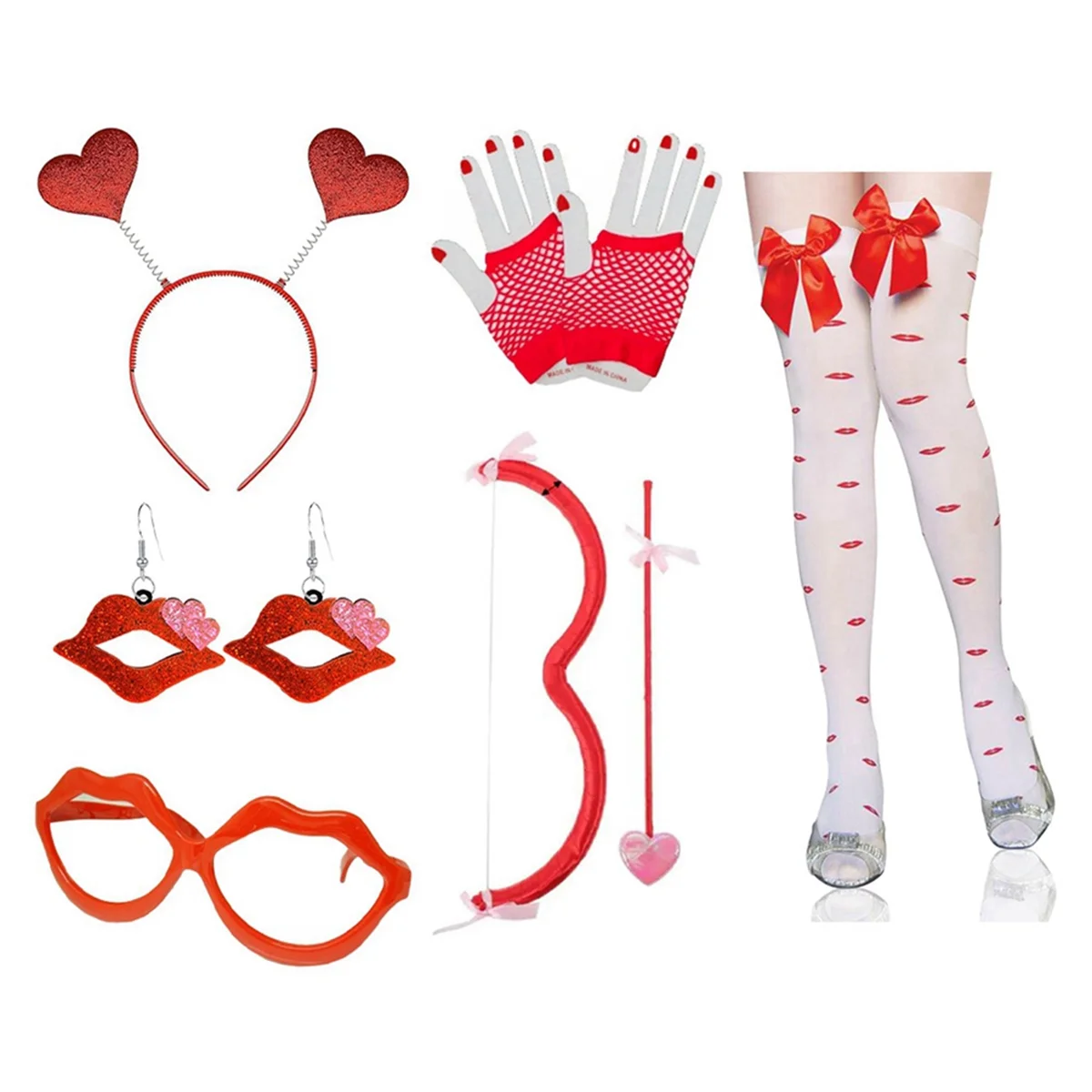 Trending Costume Women Kit with Bow&, Earrings , Gloves,Heart Headband, Sunglasses, and Stockings A
Trending Costume Women Kit with Bow&, Earrings , Gloves,Heart Headband, Sunglasses, and Stockings A