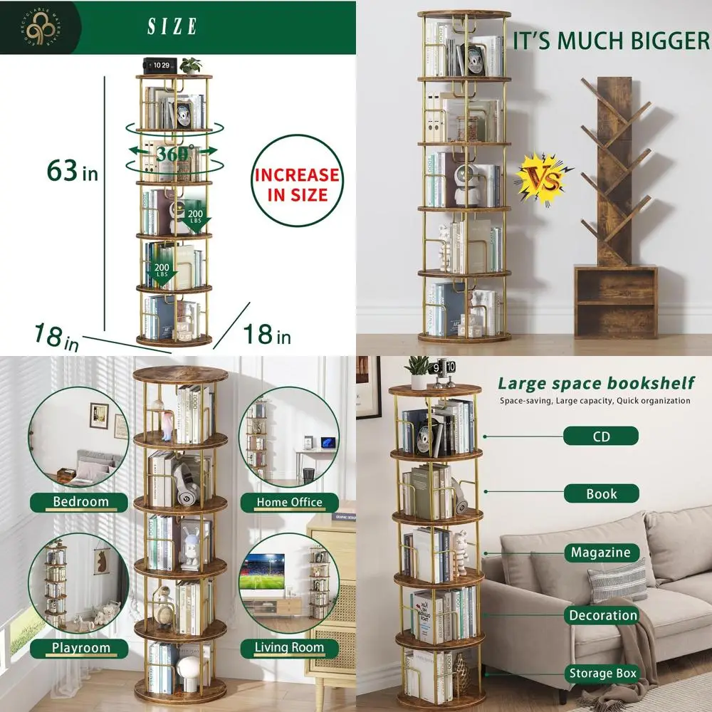 360° Rotating Tall Bookshelf, Stackable Swivel Storage Tower, Space-Saving Floor Standing Organizer for Home/Office - Gold
360° Rotating Tall Bookshelf, Stackable Swivel Storage Tower, Space-Saving Floor Standing Organizer for Home/Office - Gold