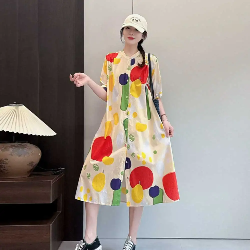 Japanese Vintage Mori Girl Colorful Printed Single Breasted Shirt Dress Women Summer Stand Collar Short Sleeve Casual Midi Dress
Japanese Vintage Mori Girl Colorful Printed Single Breasted Shirt Dress Women Summer Stand Collar Short Sleeve Casual Midi Dress