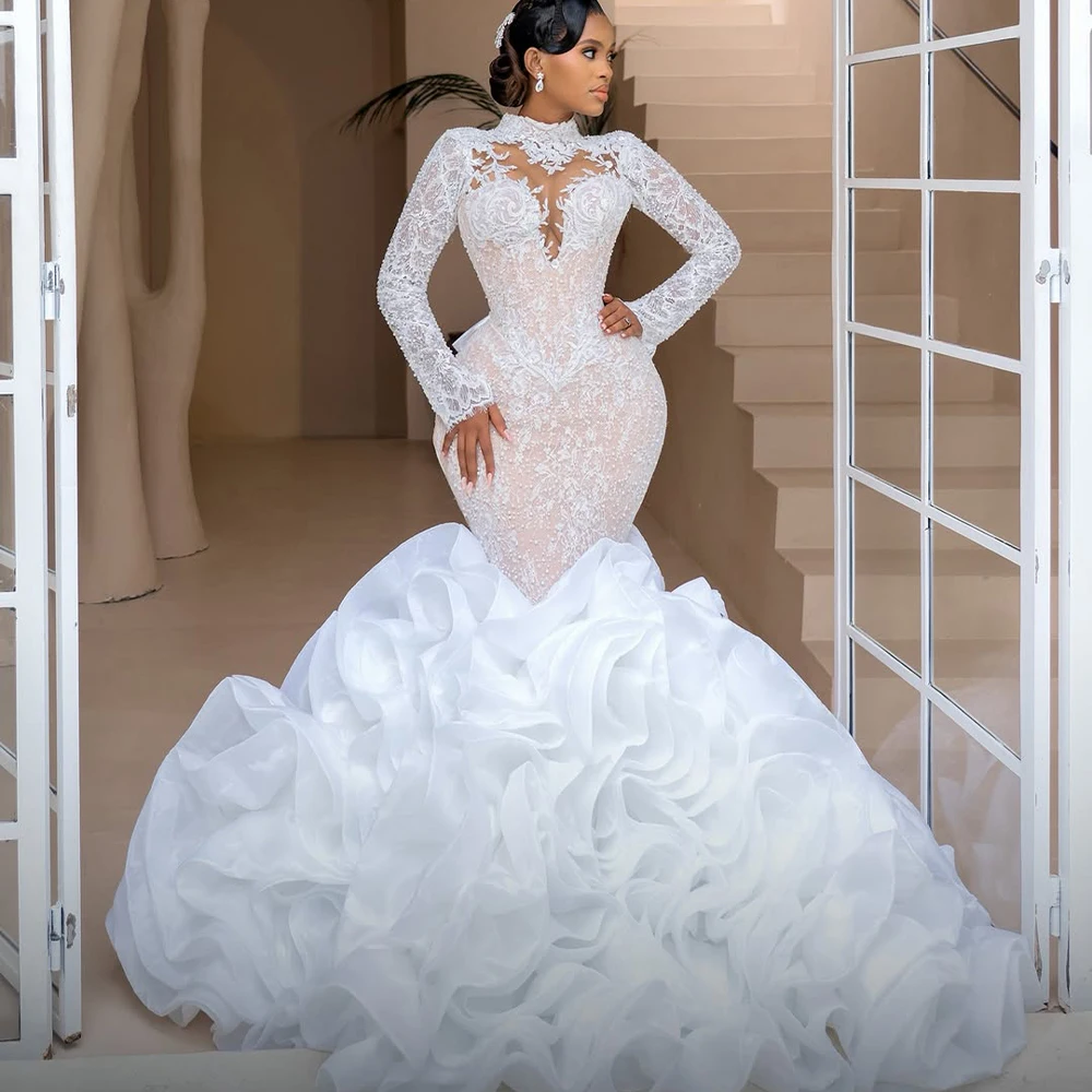 Cascading Ruffles Mermaid Wedding Dresses with Detachable Train High Collar Long Sleeve Lace Pearls Nigeria Bridal Gowns Customi
Cascading Ruffles Mermaid Wedding Dresses with Detachable Train High Collar Long Sleeve Lace Pearls Nigeria Bridal Gowns Customi