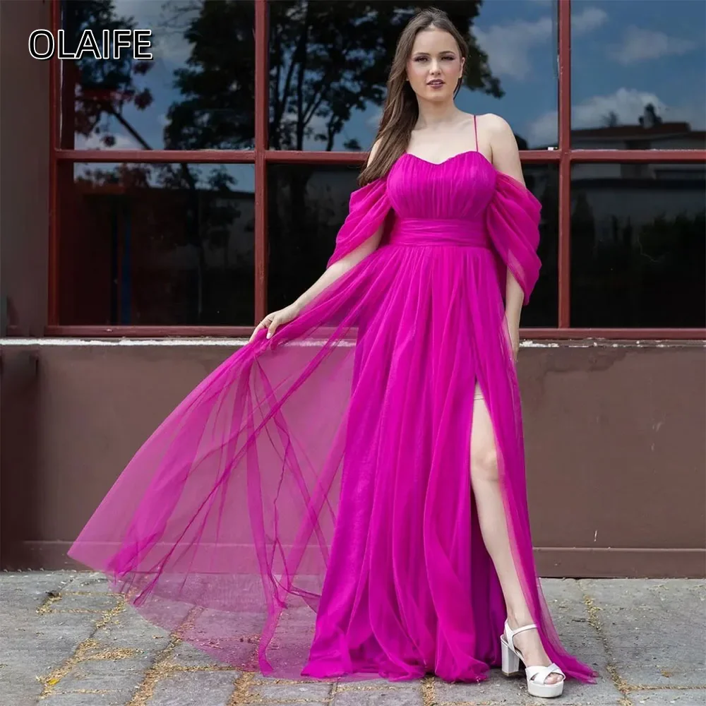 Tulle Prom Dresses A-Line Spgahetti Straps High Side Slit Sweep Train Customized Half Sleeves Corset Party Dress robes de soirée
Tulle Prom Dresses A-Line Spgahetti Straps High Side Slit Sweep Train Customized Half Sleeves Corset Party Dress robes de soirée