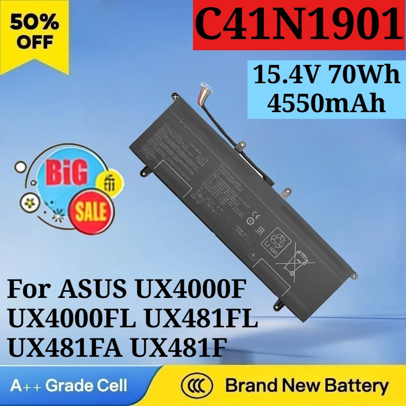 New C41N1901 15.4V 70Wh 4550mAh Laptop Battery for ASUS UX4000F UX4000FL UX481FL UX481FA UX481F 0B200-03520100 0B200-03520000
New C41N1901 15.4V 70Wh 4550mAh Laptop Battery for ASUS UX4000F UX4000FL UX481FL UX481FA UX481F 0B200-03520100 0B200-03520000