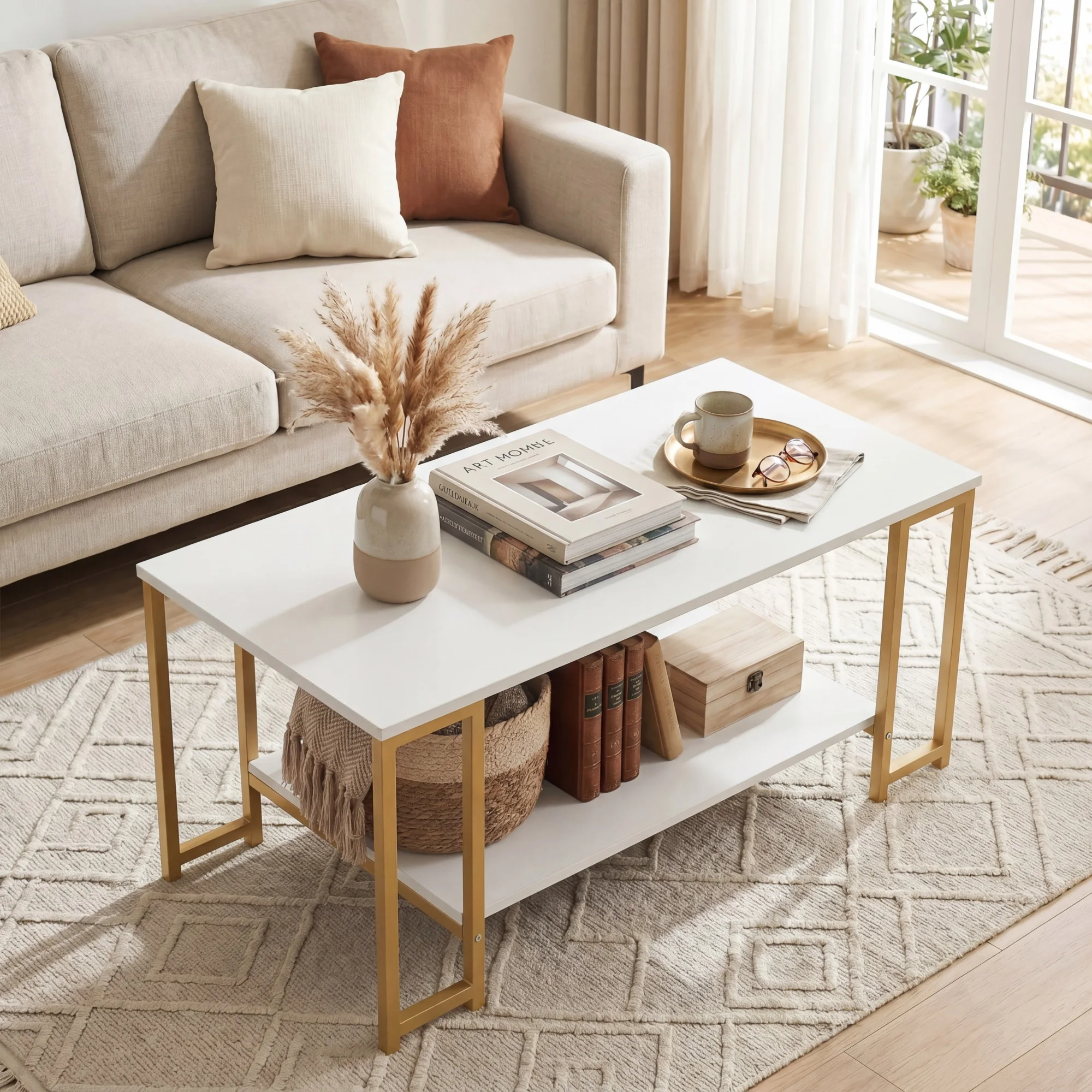 2-Tier Coffee Table, Modern Accent Table with Open Storage Shelf, Living Room Center Table with Heavy-duty Metal Frame, Rectangular Cocktail Table for Apartment Lounge,White & Gold
2-Tier Coffee Table, Modern Accent Table with Open Storage Shelf, Living Room Center Table with Heavy-duty Metal Frame, Rectangular Cocktail Table for Apartment Lounge,White & Gold