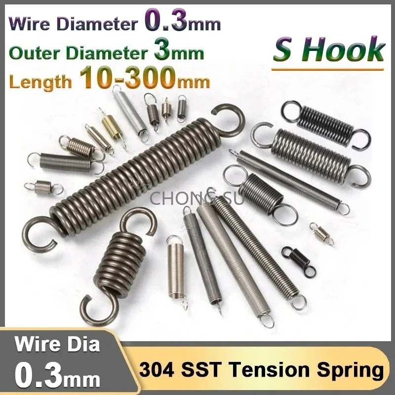 0.3mm Stainless Steel Extension Tension Coil Springs Open S Hook Stretching Spring Cylindroid Helical Pullback Length 10-300mm
0.3mm Stainless Steel Extension Tension Coil Springs Open S Hook Stretching Spring Cylindroid Helical Pullback Length 10-300mm