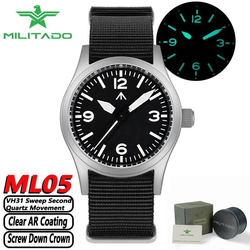 Militado Новые военные часы ML05 VH31 Sweep Seconds Кварцевый механизм с куполообразным сапфировым стеклом и прозрачным AR-покрытием 38 мм Мужские часы
Militado Новые военные часы ML05 VH31 Sweep Seconds Кварцевый механизм с куполообразным сапфировым стеклом и прозрачным AR-покрытием 38 мм Мужские часы