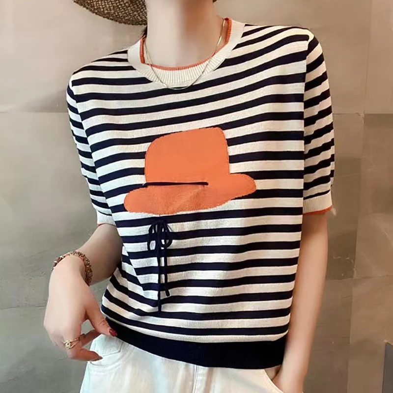Summer Striped Thin Knitted T Shirt Women Tops Loose Tshirt Korean Fashion Short Sleeve Lace-Up Tee Shirt Femme Camisetas Mujer
Summer Striped Thin Knitted T Shirt Women Tops Loose Tshirt Korean Fashion Short Sleeve Lace-Up Tee Shirt Femme Camisetas Mujer