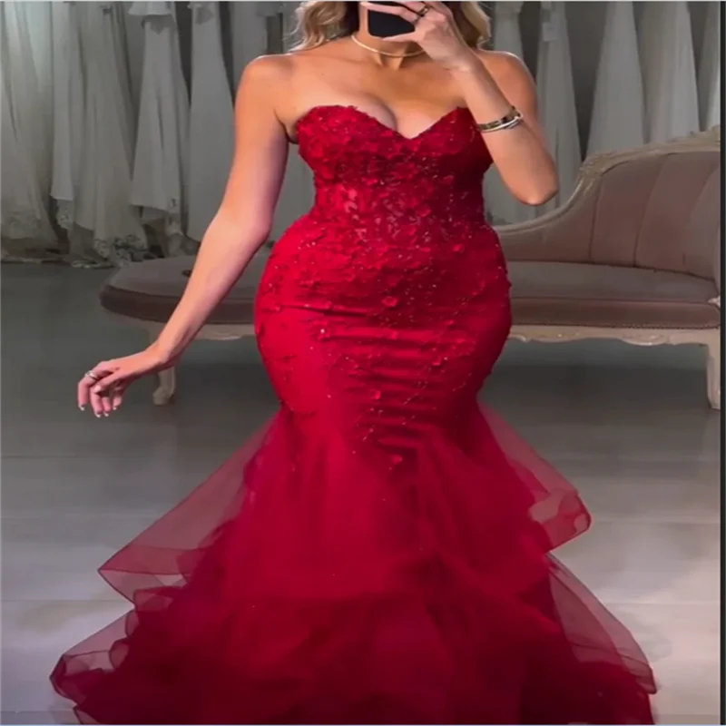 Customized Red Mermaid Sweetheart Neck Flower Appliques Prom Dress Sleeveless Vestidos De Noche Floor-Length Formal Gown
Customized Red Mermaid Sweetheart Neck Flower Appliques Prom Dress Sleeveless Vestidos De Noche Floor-Length Formal Gown
