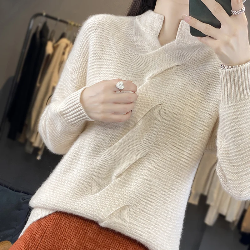 and Winter New Cashmere Sweater Women's Standing Neck Twisted Flower Loose Pullover Sweater Wool Knitted Bottom sweater
and Winter New Cashmere Sweater Women's Standing Neck Twisted Flower Loose Pullover Sweater Wool Knitted Bottom sweater