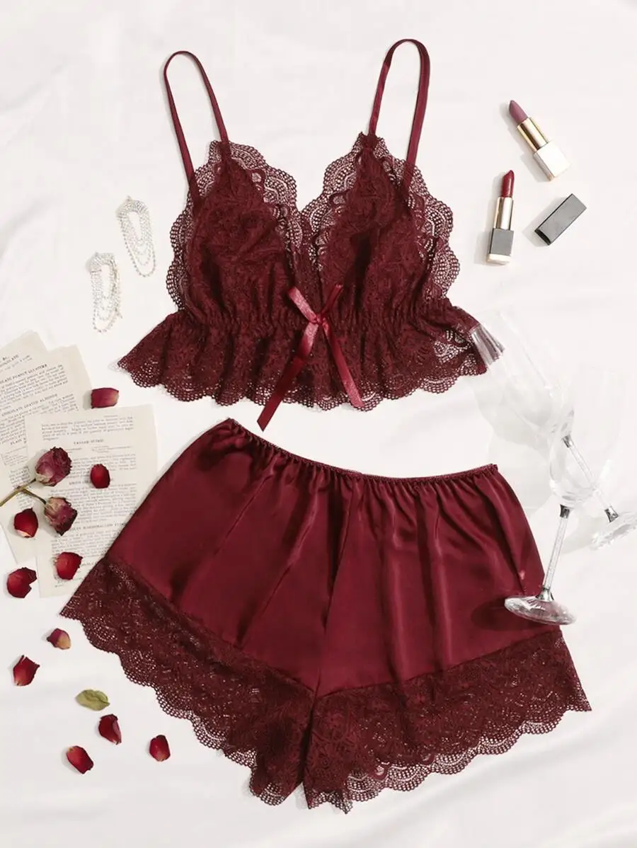 Lace Trim Cami Top And Satin Shorts Pajama Set For Women
Lace Trim Cami Top And Satin Shorts Pajama Set For Women