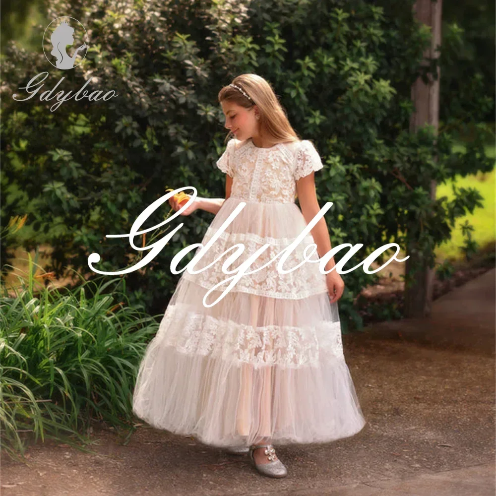 Elegant O Neck Short Sleeve Applique Flower First Communion Gown Ankle Length Long Ball Formal Flower Girl Dress Customized 2025 
Elegant O Neck Short Sleeve Applique Flower First Communion Gown Ankle Length Long Ball Formal Flower Girl Dress Customized 2025