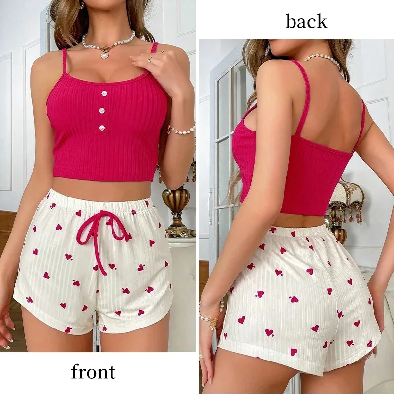 Summer Two-Piece Casual Pajama Ribbed Knit Cute Printed Heart Crop Top Tank Top and Shorts Women's Camisole Sexy Pajama Set
Summer Two-Piece Casual Pajama Ribbed Knit Cute Printed Heart Crop Top Tank Top and Shorts Women's Camisole Sexy Pajama Set