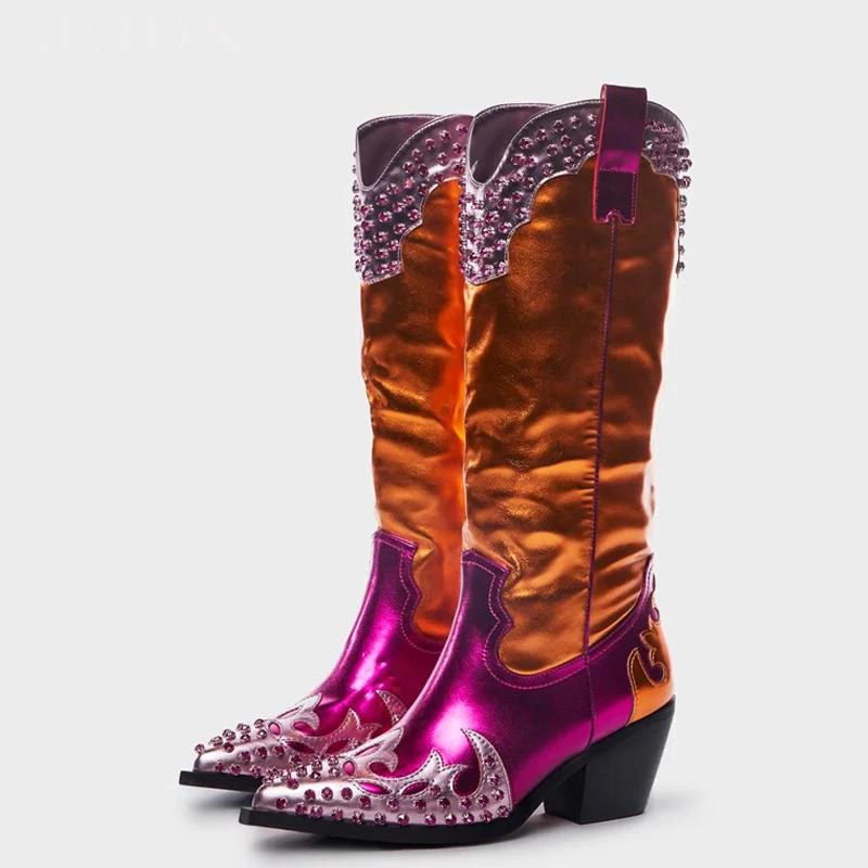 Fashion Lady Cowboy Boots For Women Pointed Toe Chunky Heels Pink Metallic Fabrics Patchwork Boot Crystal Decor Mixed Color Shoe
Fashion Lady Cowboy Boots For Women Pointed Toe Chunky Heels Pink Metallic Fabrics Patchwork Boot Crystal Decor Mixed Color Shoe