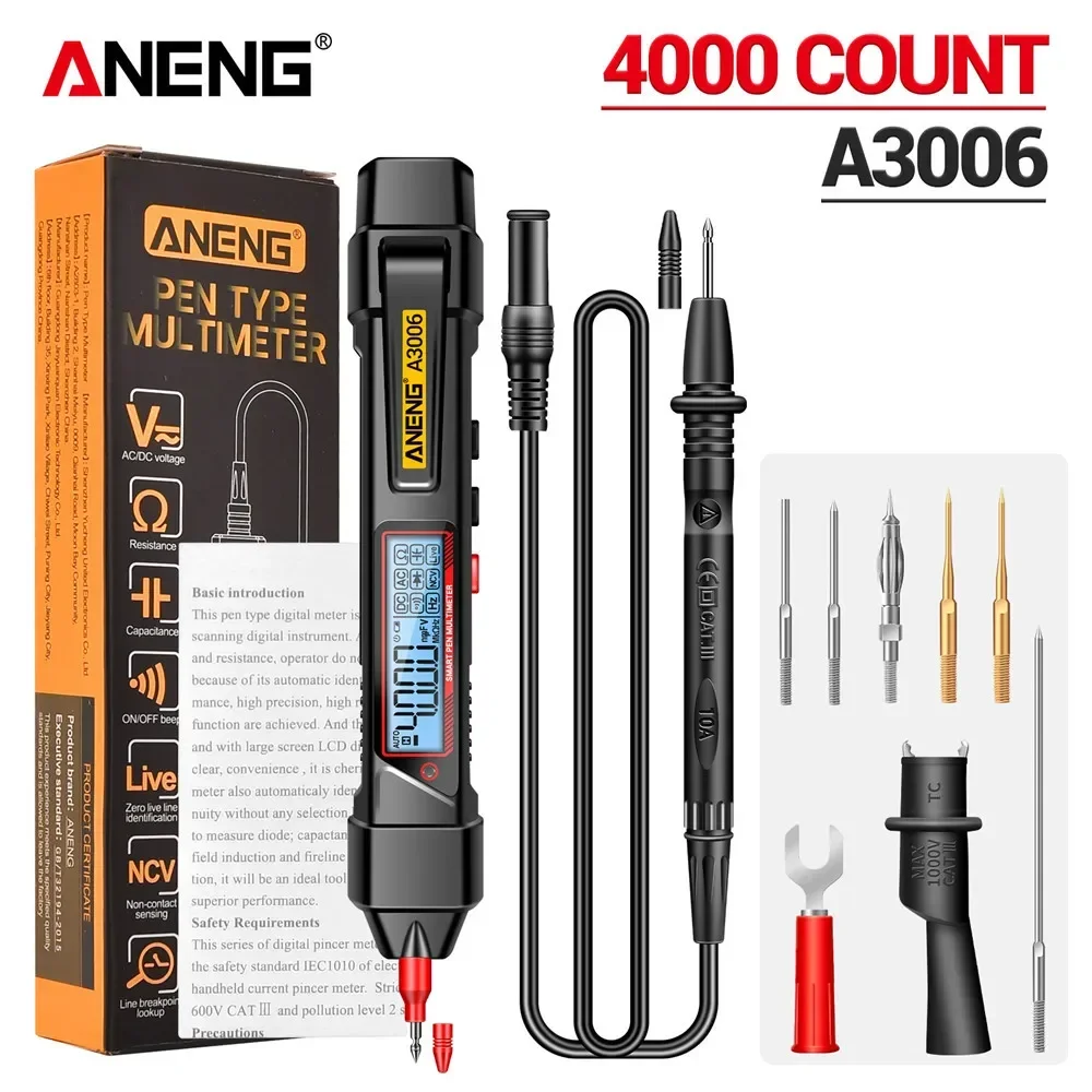 ANENG A3006 Mini Pen Type Multimeter Digital Professional AC/DC Voltage Ohm Diode Capacitance Hz meter Tool 4000 Counts
ANENG A3006 Mini Pen Type Multimeter Digital Professional AC/DC Voltage Ohm Diode Capacitance Hz meter Tool 4000 Counts