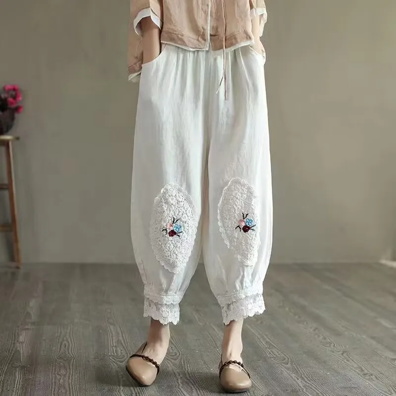 Lace Embroidery Cotton Linen Pants New Women Solid Color Casual Ankle-length Pant Woman Lace-up Waist Loose Trousers Harem Pants 
Lace Embroidery Cotton Linen Pants New Women Solid Color Casual Ankle-length Pant Woman Lace-up Waist Loose Trousers Harem Pants