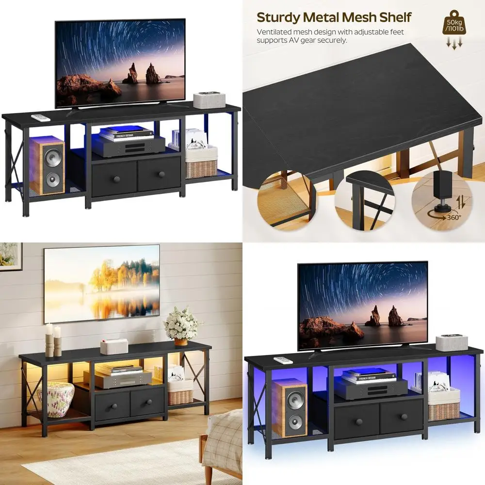 LED-Illuminated TV Stand with 2 Fabric Drawers and Mesh Shelves, Entertainment Center for TVs up to 50, Ideal for Living Room or
LED-Illuminated TV Stand with 2 Fabric Drawers and Mesh Shelves, Entertainment Center for TVs up to 50, Ideal for Living Room or