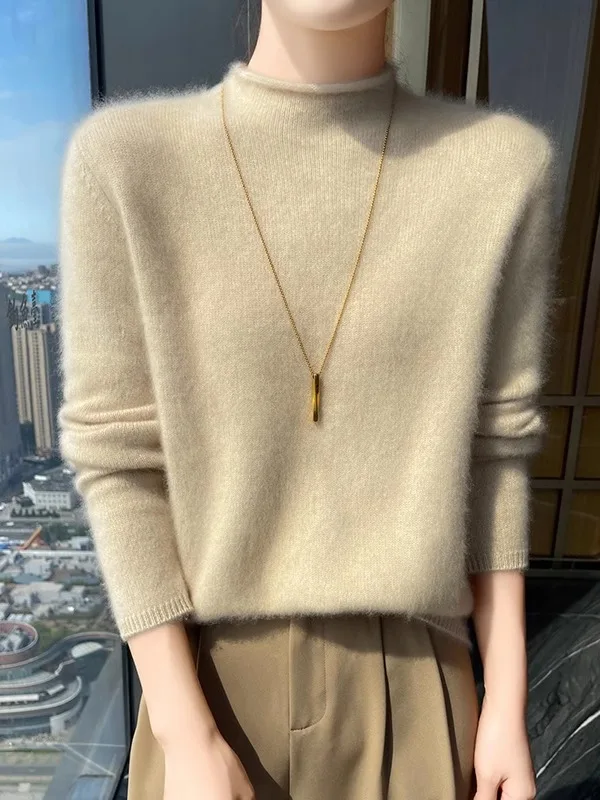 Hemmed semi-turtleneck cashmere sweater women's solid color long-sleeved knitted sweater loose sweater bottoming shirt
Hemmed semi-turtleneck cashmere sweater women's solid color long-sleeved knitted sweater loose sweater bottoming shirt