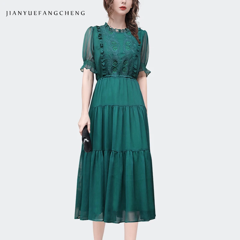 2023 Summer New Women' Handmade Embroidered Green Chiffon Long Dress Short Sleeve O-neck High Waist A-line Casual Party Dresses
2023 Summer New Women' Handmade Embroidered Green Chiffon Long Dress Short Sleeve O-neck High Waist A-line Casual Party Dresses
